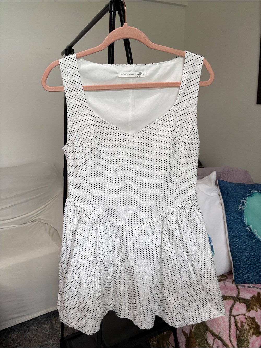 Altar'd State White Mini Dress with Black Micro Dots